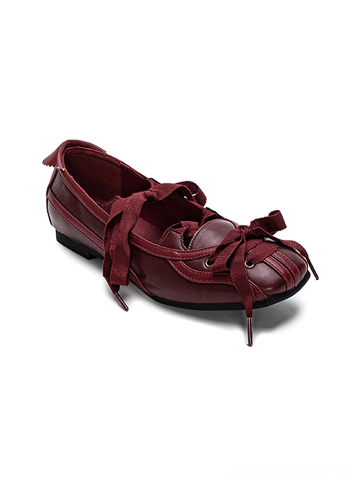 Burgundy ribbon lace-up ballet flats with square toe and flat sole for preppy balletcore styling