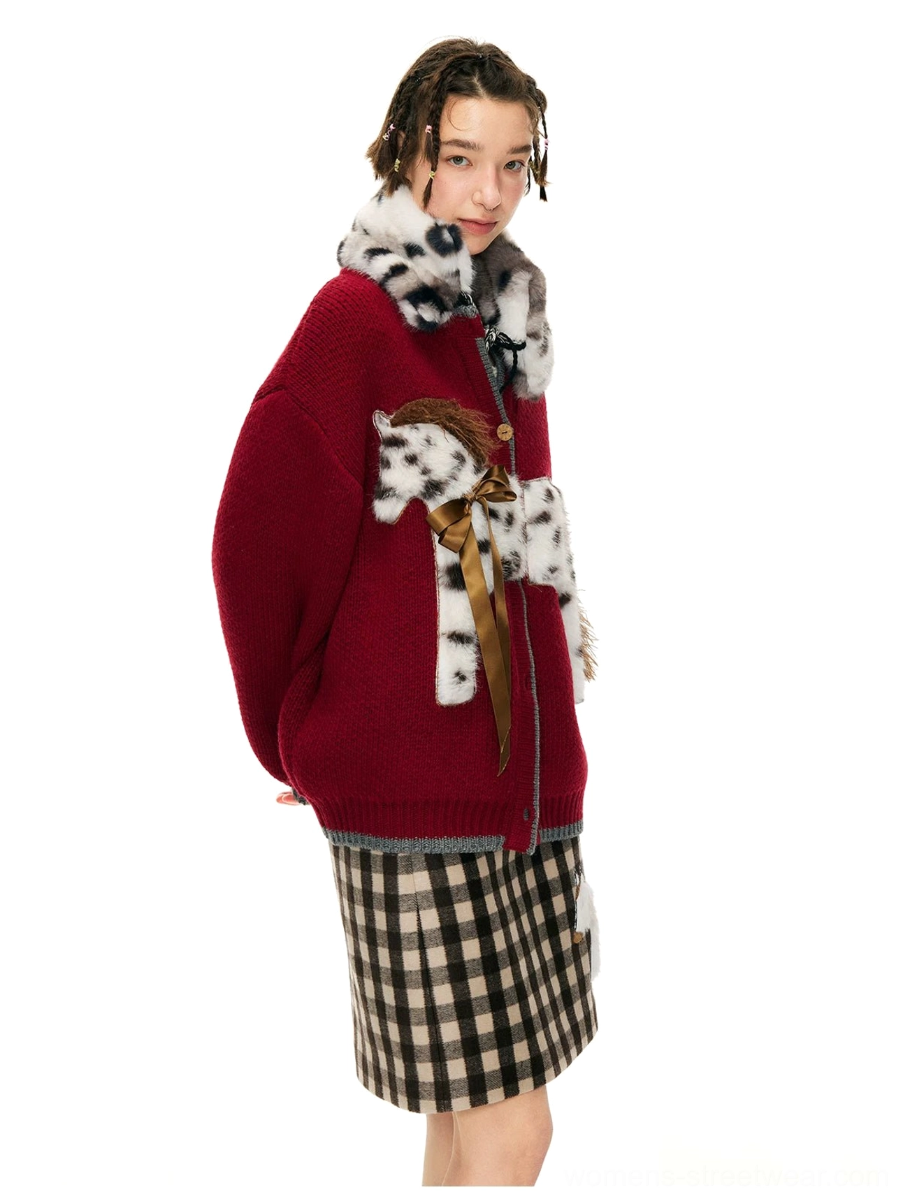 Three quarter view of burgundy spotted pony cardigan with textured collar and playful Korean fashion styling