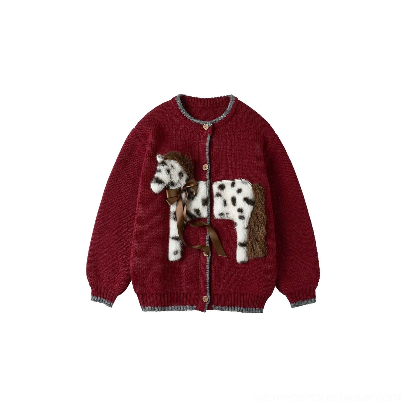 Burgundy spotted pony knit cardigan front product view with oversized Korean streetwear styling