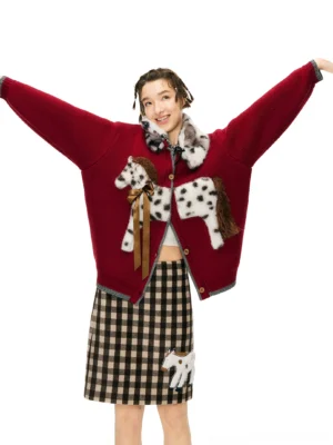 Burgundy spotted pony knit cardigan styled with a gingham midi skirt in a full body Korean streetwear outfit