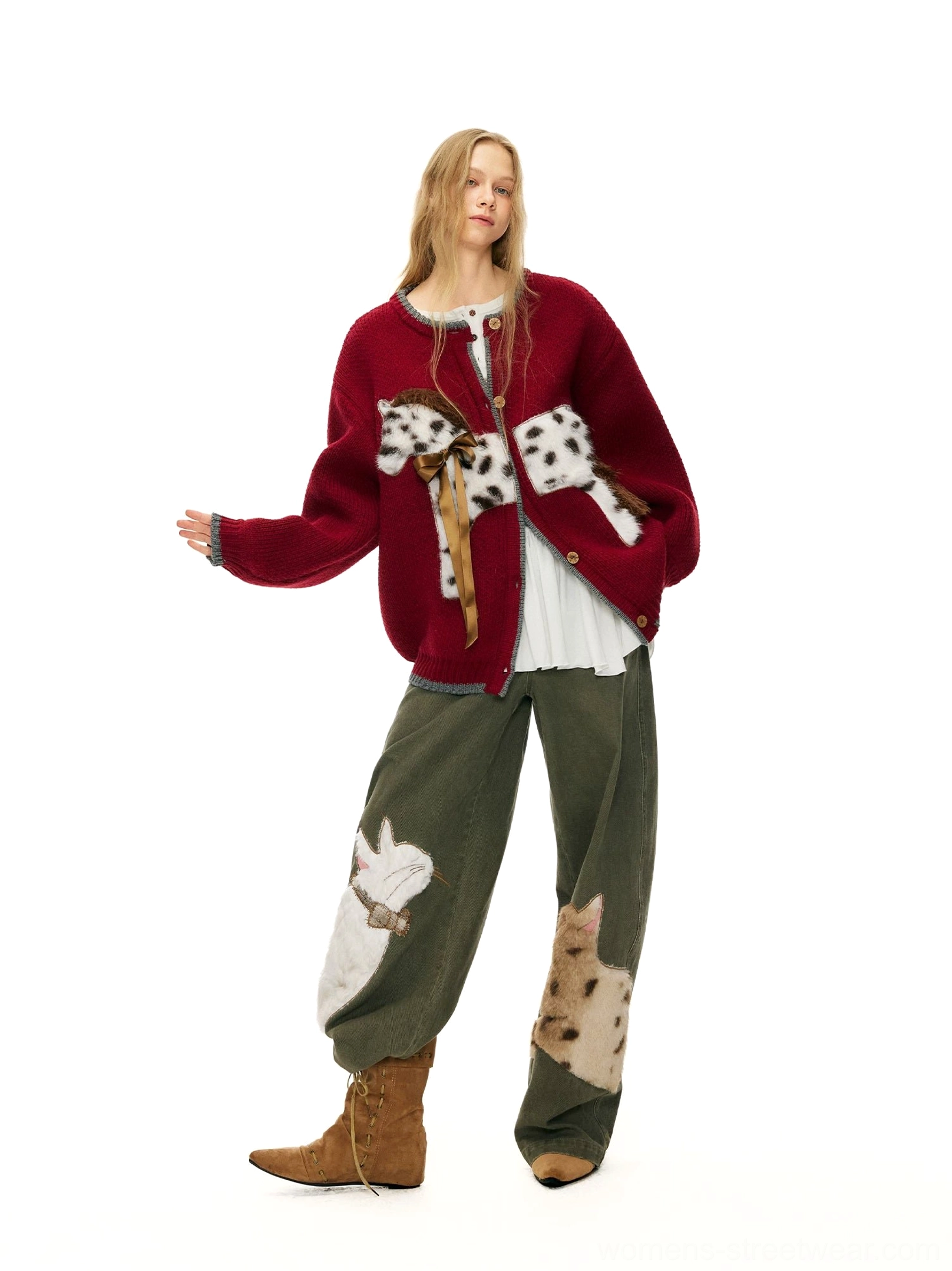 Burgundy spotted pony knit cardigan styled with olive cargo pants for a relaxed Korean streetwear look
