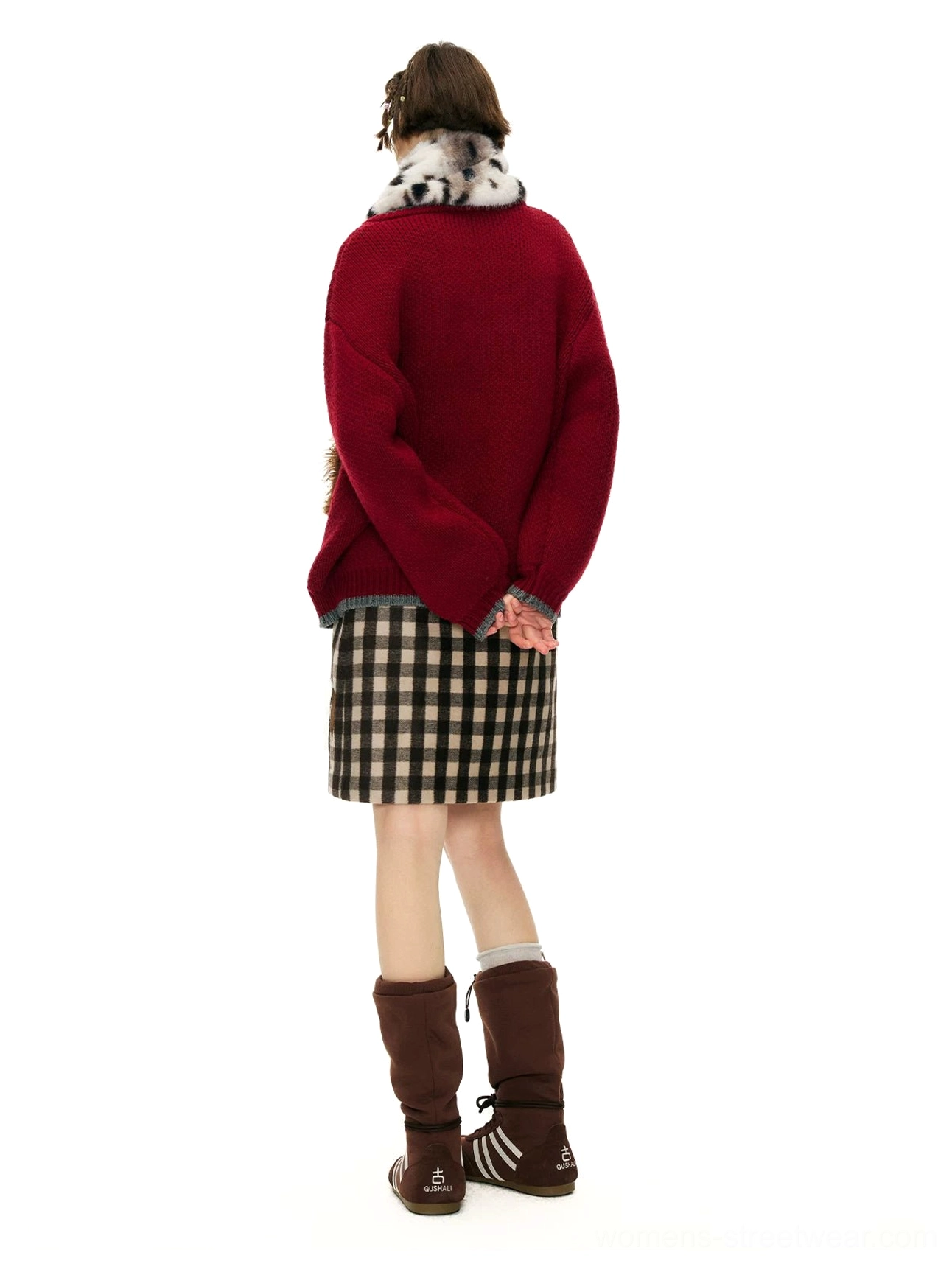 Burgundy spotted pony knit cardigan product styling with oversized silhouette and playful streetwear aesthetic