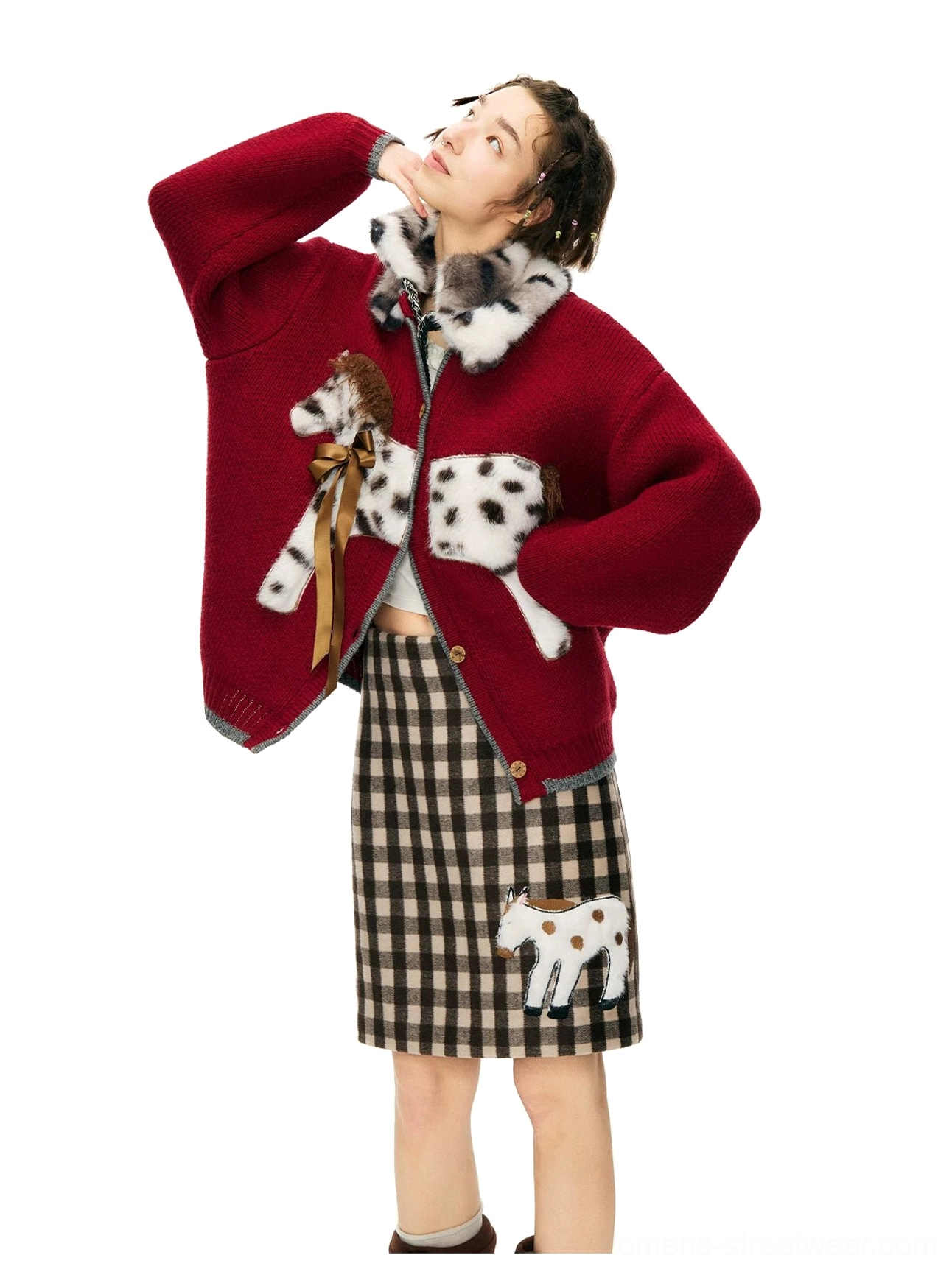 Full body burgundy spotted pony knit cardigan outfit with ribbon appliqué and matching skirt detail