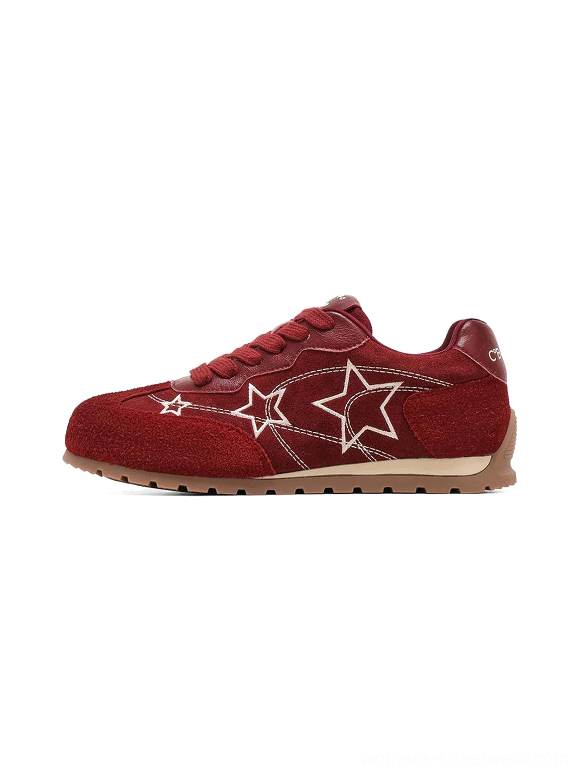 Burgundy star embroidered retro low-top streetwear sneaker left side profile with suede-look upper and gum sole