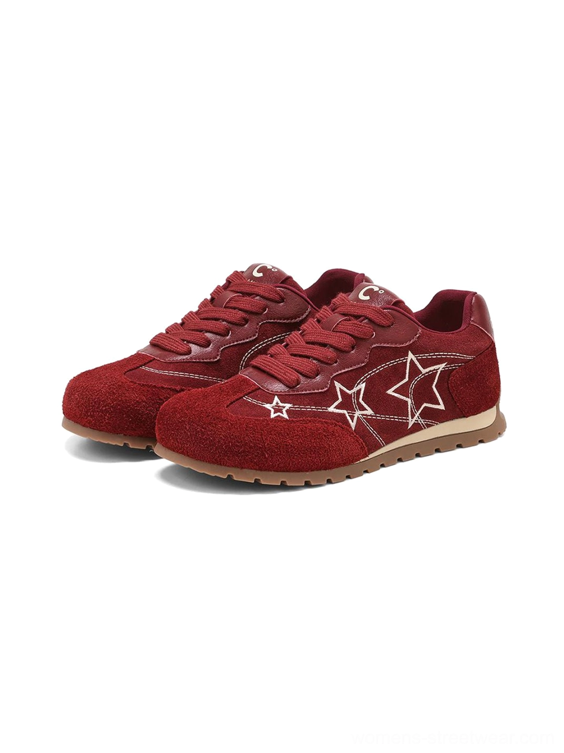 Overhead front view of matching burgundy star embroidered retro low-top sneakers with lace-up closure