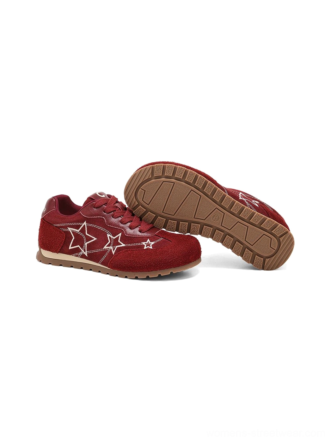 Burgundy star embroidered retro sneaker with textured gum rubber outsole shown in overhead product view