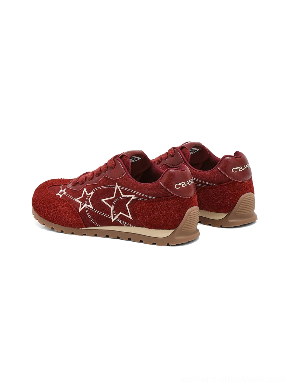 Rear three-quarter view of burgundy suede-look retro low-top sneaker pair with star embroidery and gum outsoles