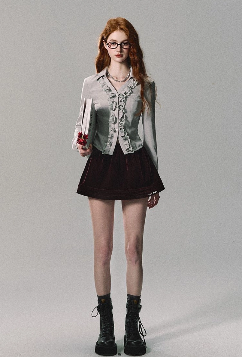 Burgundy velvet mini skirt with pleated A-line shape and rich textured finish for Y2K Korean streetwear outfits