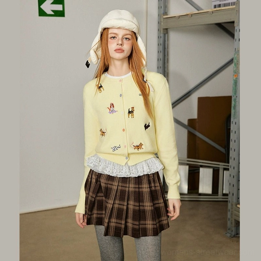 Butter yellow puppy embroidered knit cardigan with dog embroidery colorful buttons and lace-trimmed hem