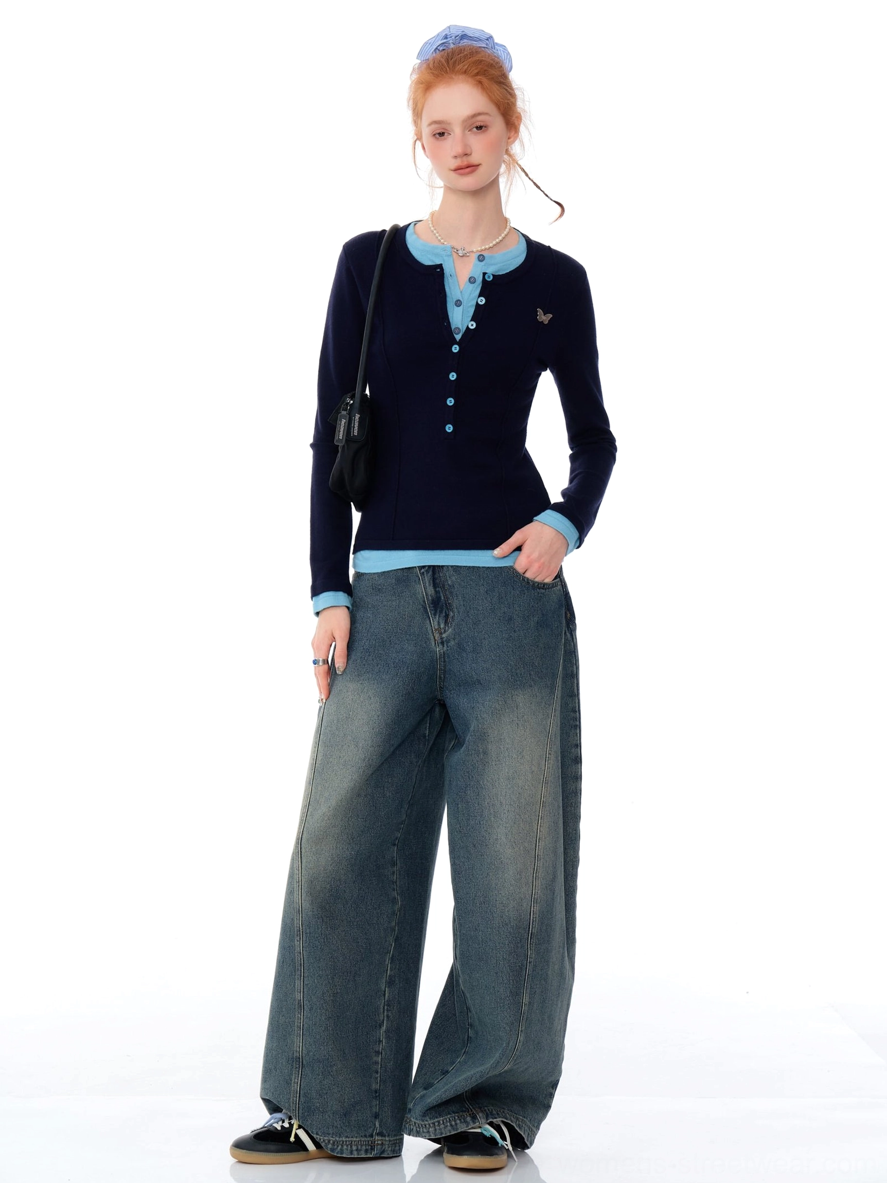 Butterfly contrast trim navy Henley knit top styled with wide leg jeans in Seoul streetwear outfit
