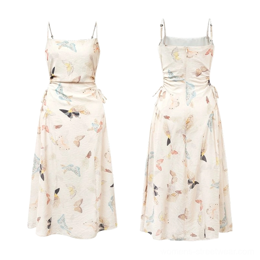 Butterfly print spaghetti strap dress available in short regular long and floor-length styles