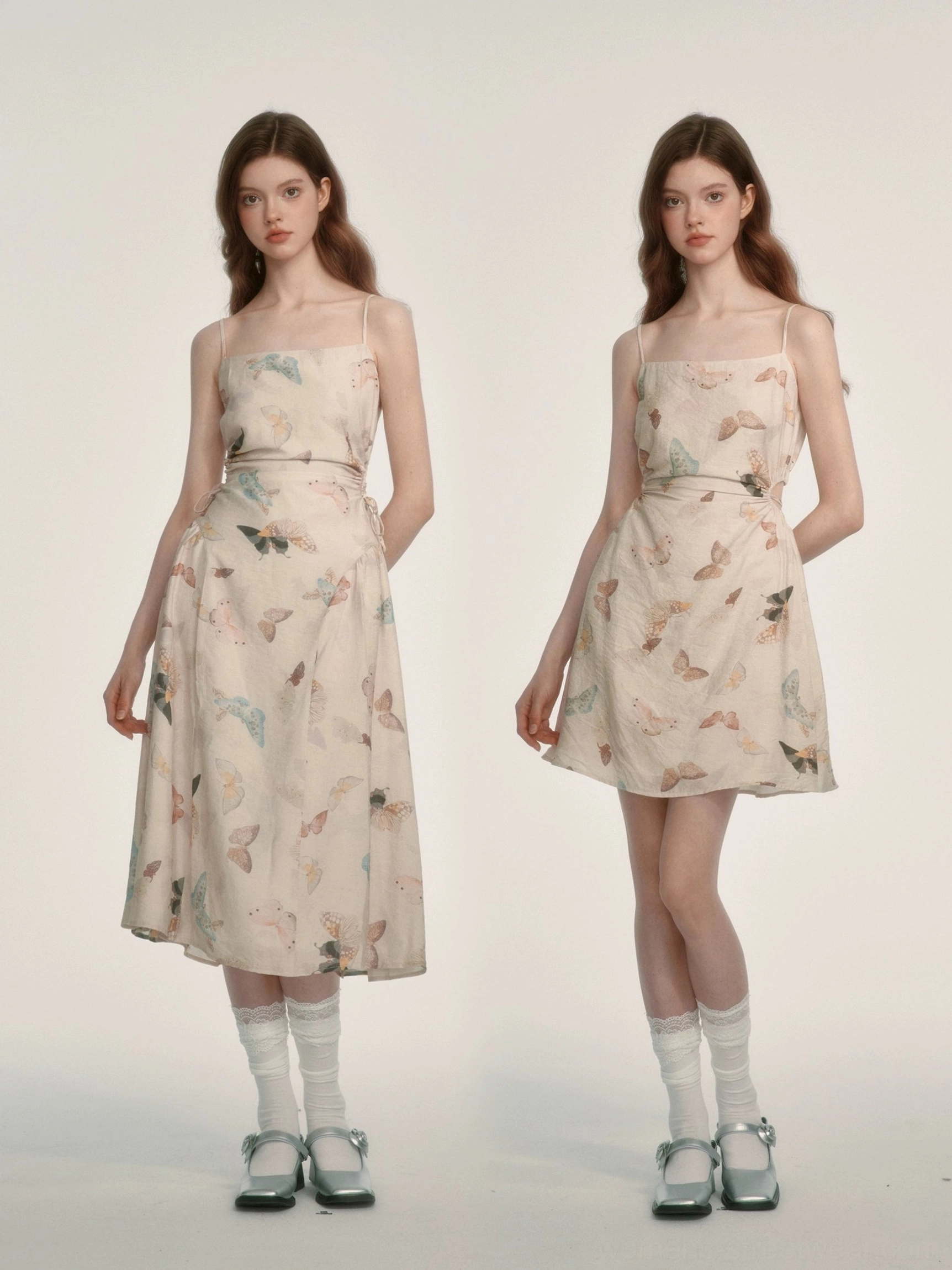 Front full-body view of a cream butterfly print spaghetti strap midi dress with square neckline and fitted waist on two female models