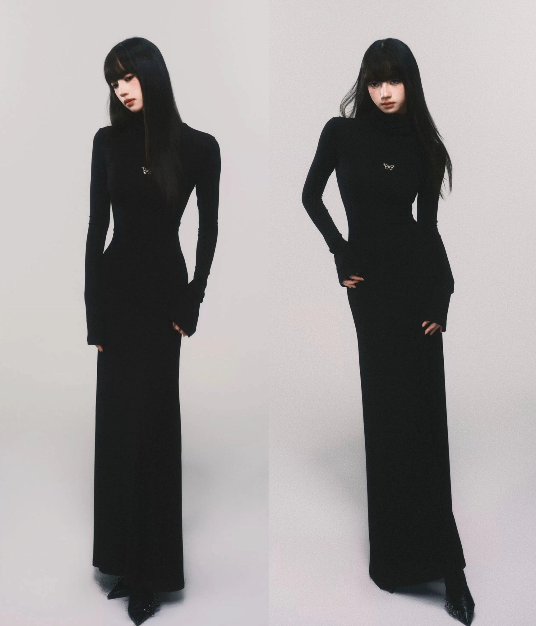 Black floor-length butterfly turtleneck bodycon maxi knit dress in dynamic studio pose