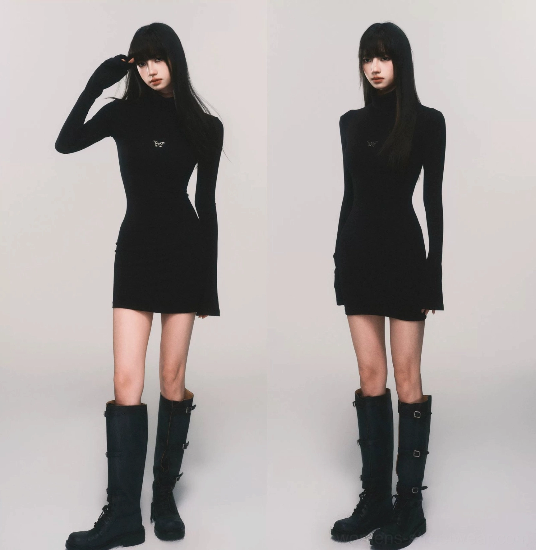 Black butterfly turtleneck bodycon knit dresses comparing mini and floor-length maxi silhouettes