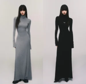 Heather gray and black butterfly turtleneck bodycon knit maxi dresses shown in full-length studio front view