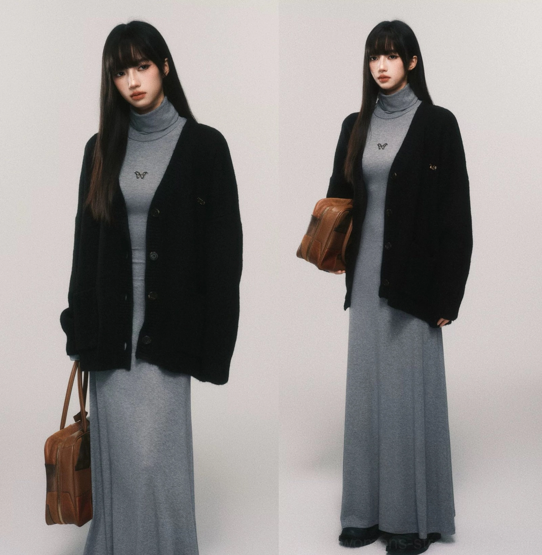 Heather gray turtleneck bodycon maxi knit dress styled with black outerwear and tote bag