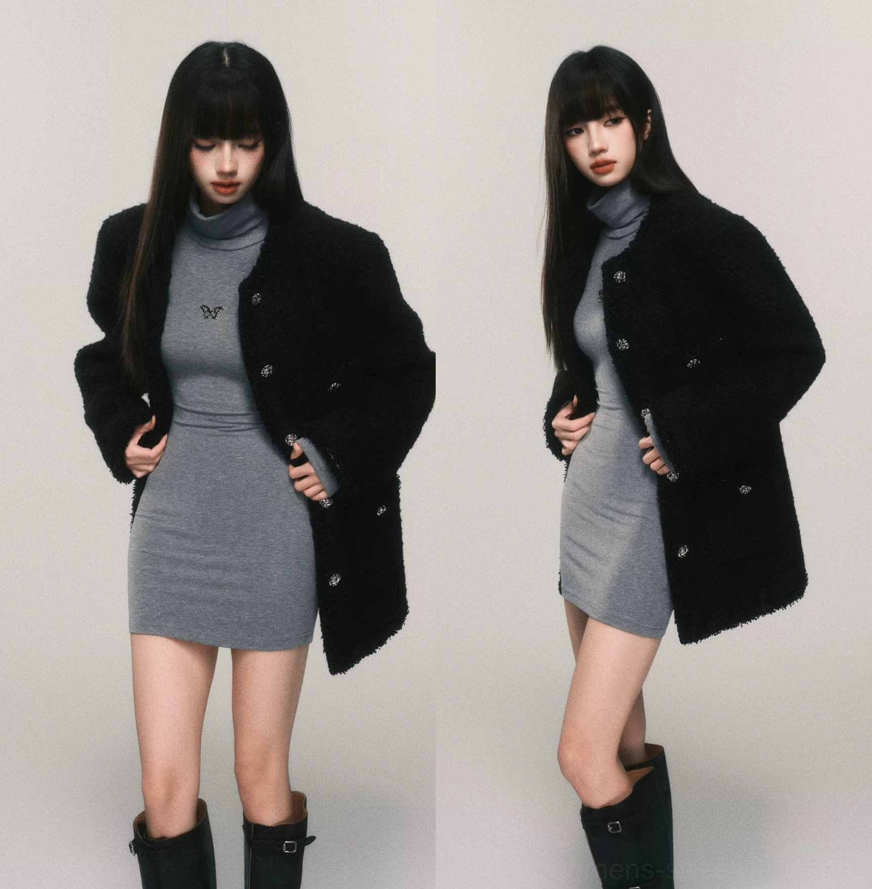 Heather gray butterfly turtleneck mini knit dress styled with a fuzzy black double-breasted cardigan