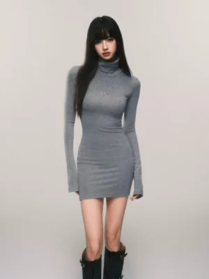 Heather gray butterfly turtleneck bodycon knit mini dress with long sleeves shown in studio front view