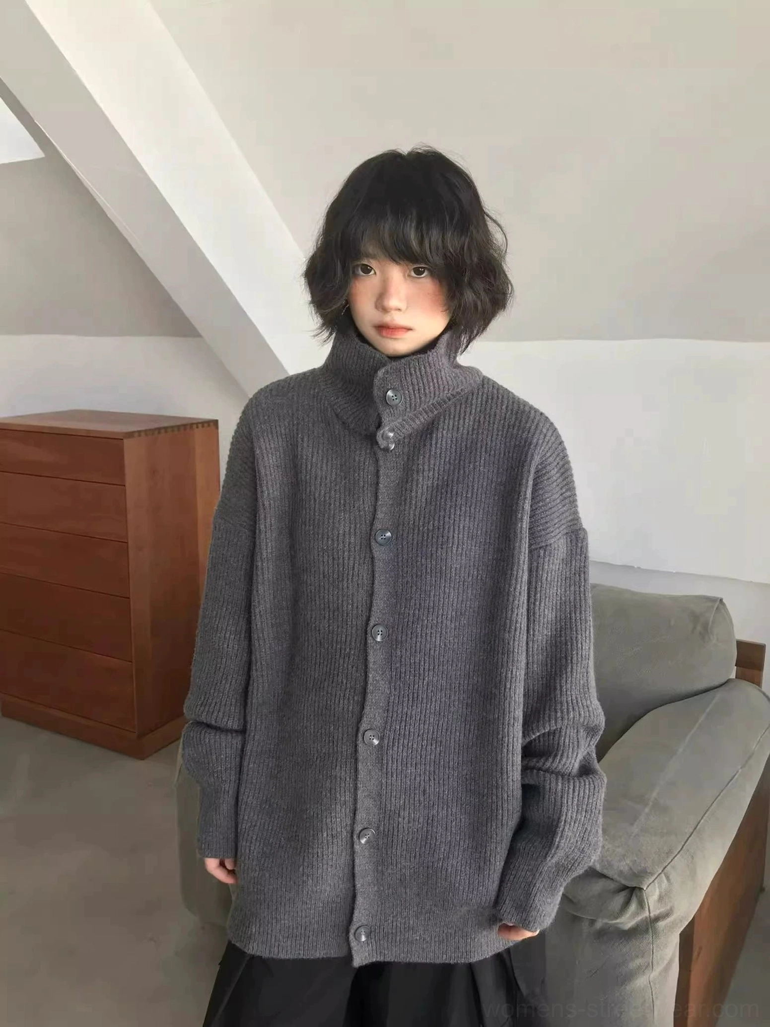 Button-front oversized knit cardigan sweater with relaxed drop shoulders for Acubi-inspired streetwear styling