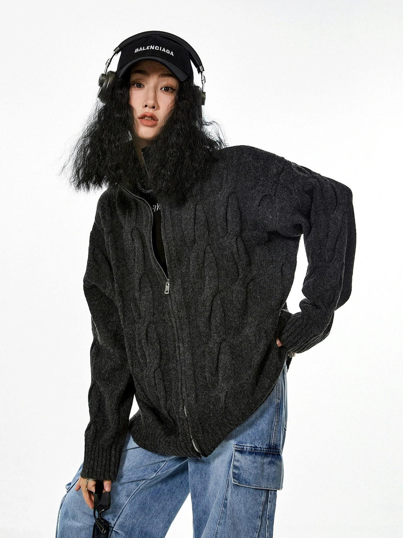 Cable knit zip-up cardigan color comparison light blue teddy brown black neutrals