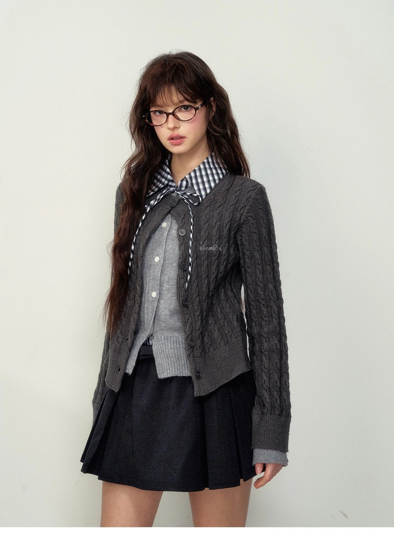 Cable knit preppy cardigan in milky pink and college gray for Korean campus and soft academia outfits