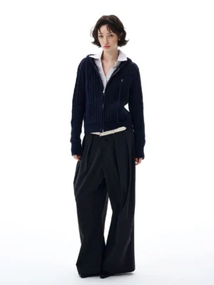 Dark navy cable knit zip-up hoodie styled with a collared shirt and wide-leg trousers in a Korean streetwear outfit