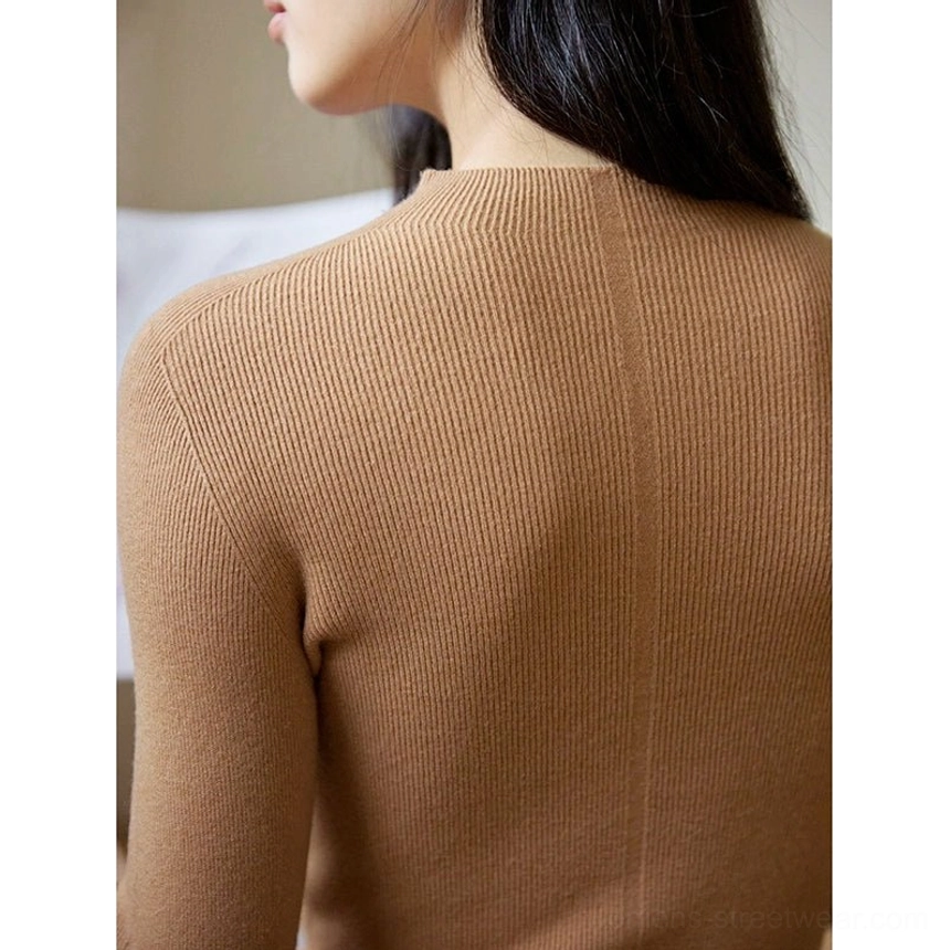 Camel brown women's mock neck knit sweater with soft stretch and a refined slim fit for autumn outfits