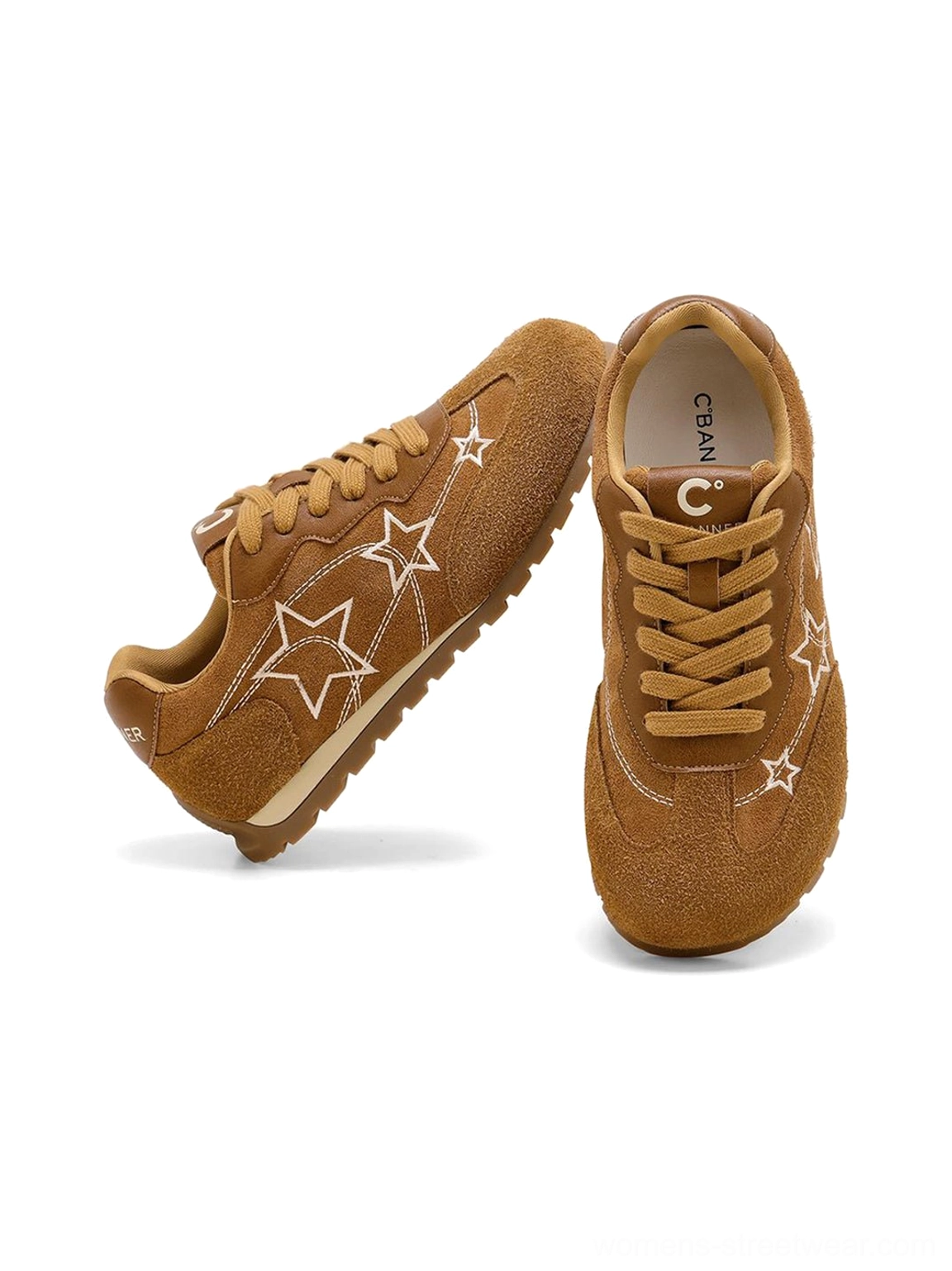 Camel casual streetwear sneakers shown from multiple angles with white star embroidery lace-up design and visible insole