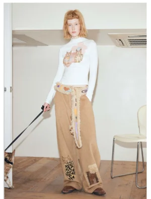 Camel kitty leopard patch wide leg streetwear pants front view styled with a cat graphic top