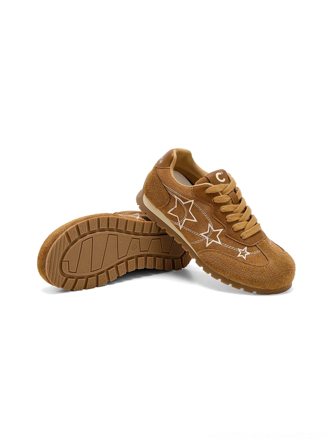 Camel retro low-top sneaker showing textured rubber outsole side profile white star embroidery and classic lace-up closure