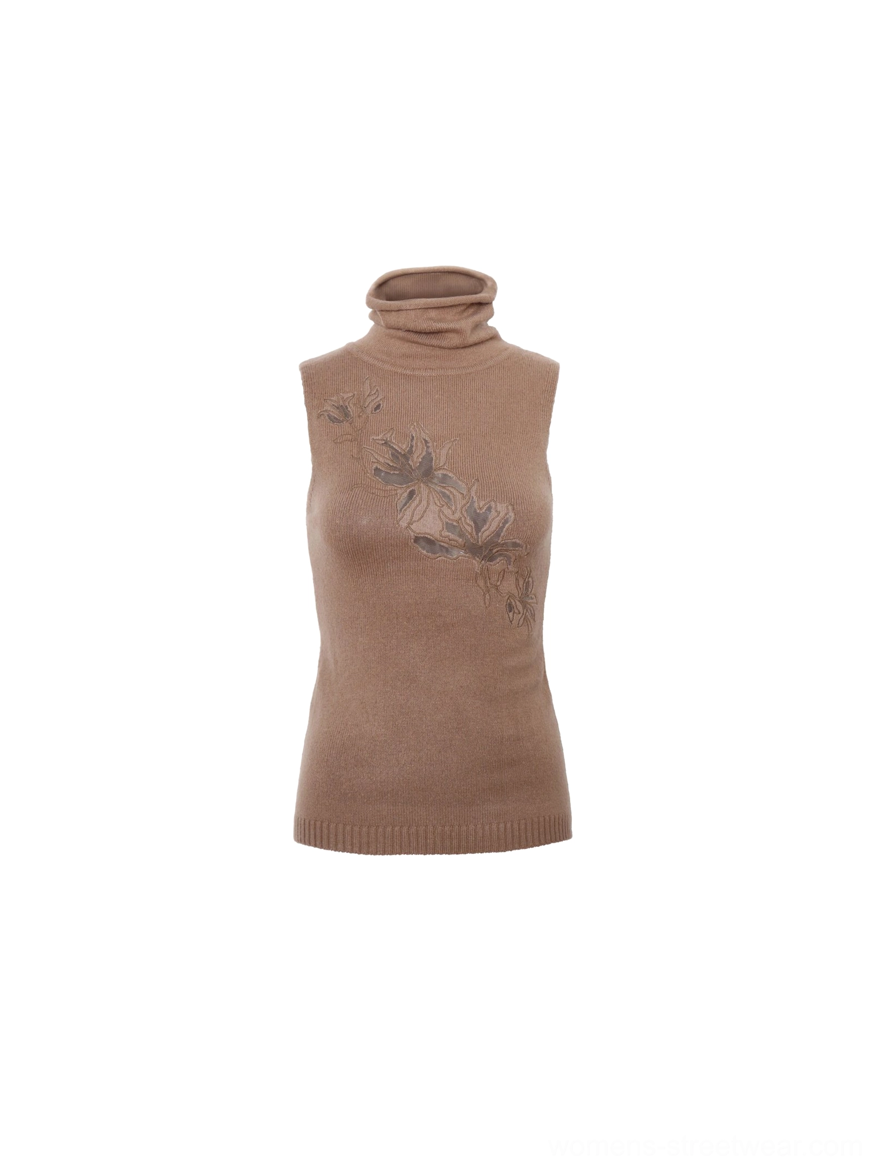 Camel sleeveless turtleneck knit tank top with tonal floral lace chest cutout flat lay front view