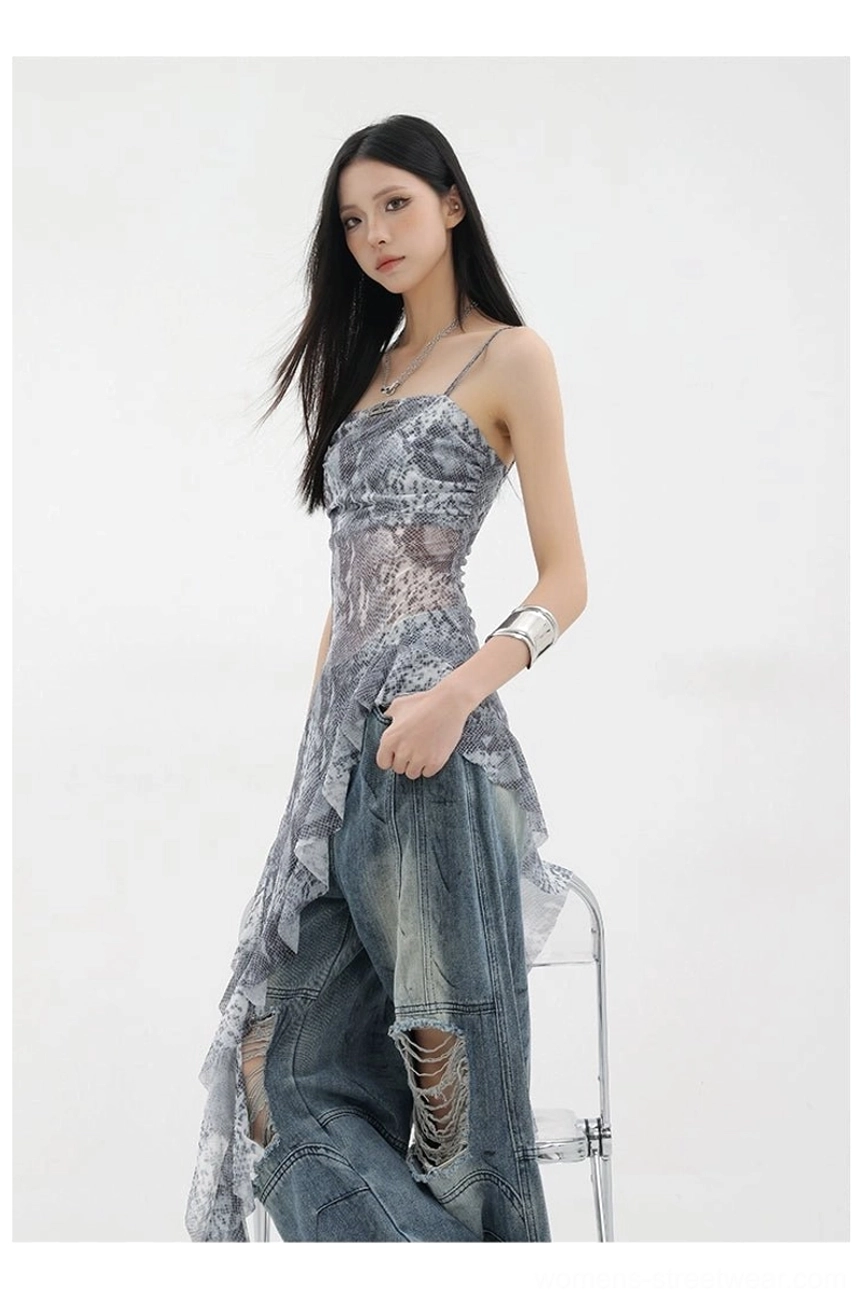 Camouflage asymmetric ribbon tank detail shot showing camo pattern definition quality and print intensity on fabric