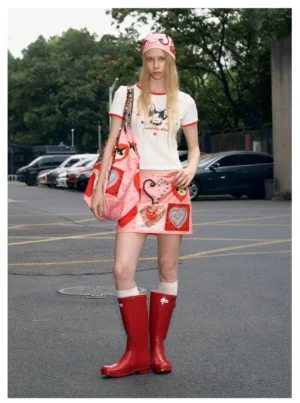 Full body Y2K streetwear outfit featuring a pink candy hearts kitty patchwork tote with ringer tee, heart print mini skirt, red rain boots, and matching headscarf