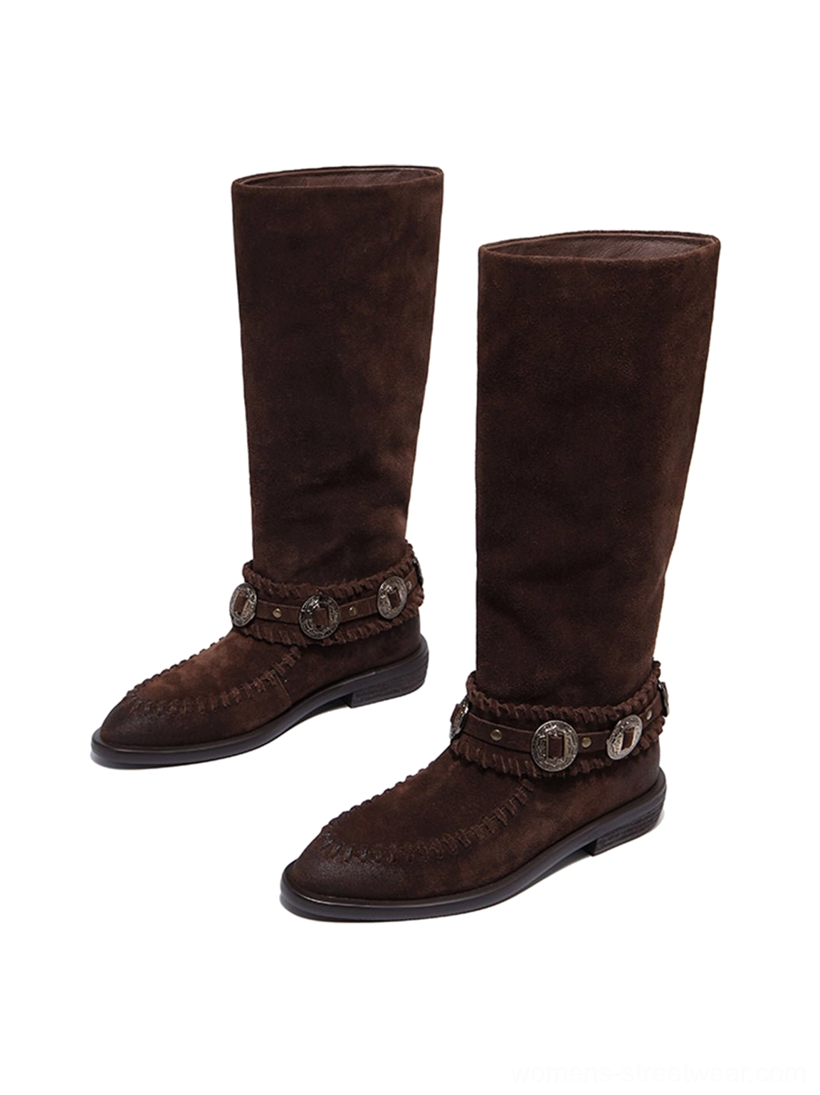 Women's caramel suede-textured western knee-high riding boots featuring pointed toes, moc-toe stitching, buckles, and low heels