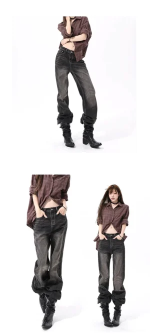 Vintage washed carbon brown wide-leg jeans styled with a cropped plaid shirt and studded ankle boots in a Y2K streetwear outfit