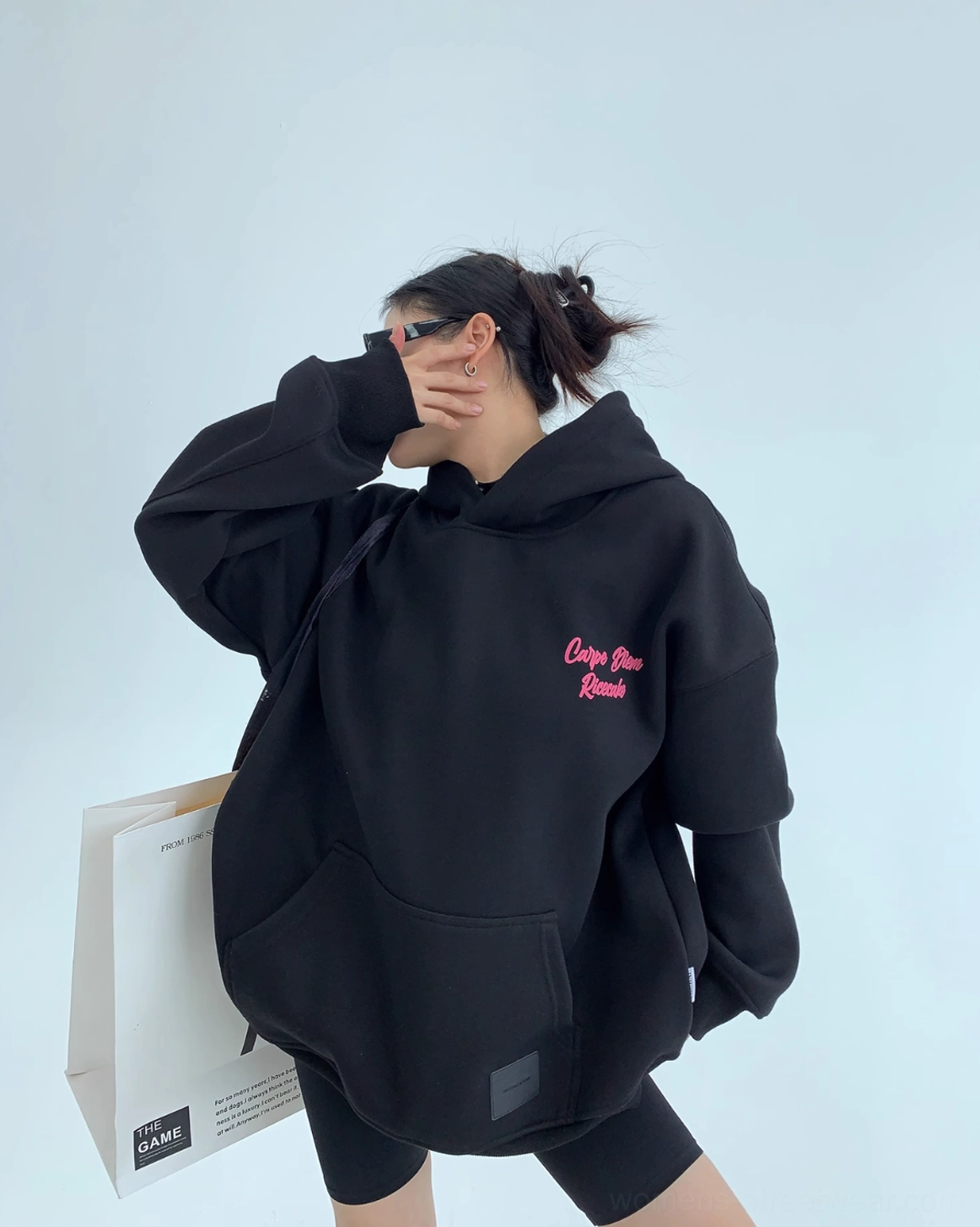 Carpe Diem pink script oversized black hoodie with relaxed drop shoulder silhouette