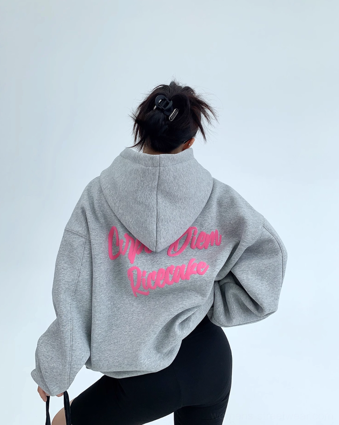 Heather gray Carpe Diem pink script oversized hoodie with drop shoulders and bold back print
