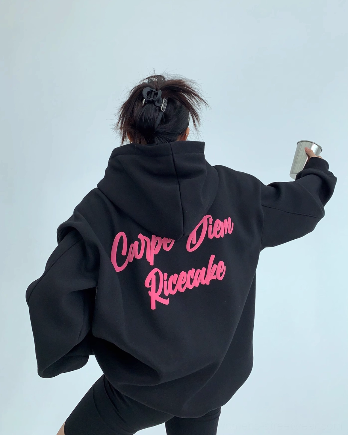 Black Carpe Diem pink script oversized streetwear hoodie product view with graphic print