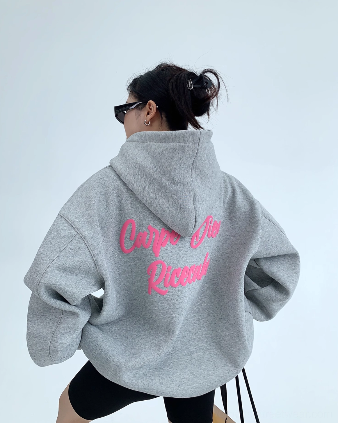Heather gray Carpe Diem pink script oversized streetwear hoodie shown from the back in a white studio