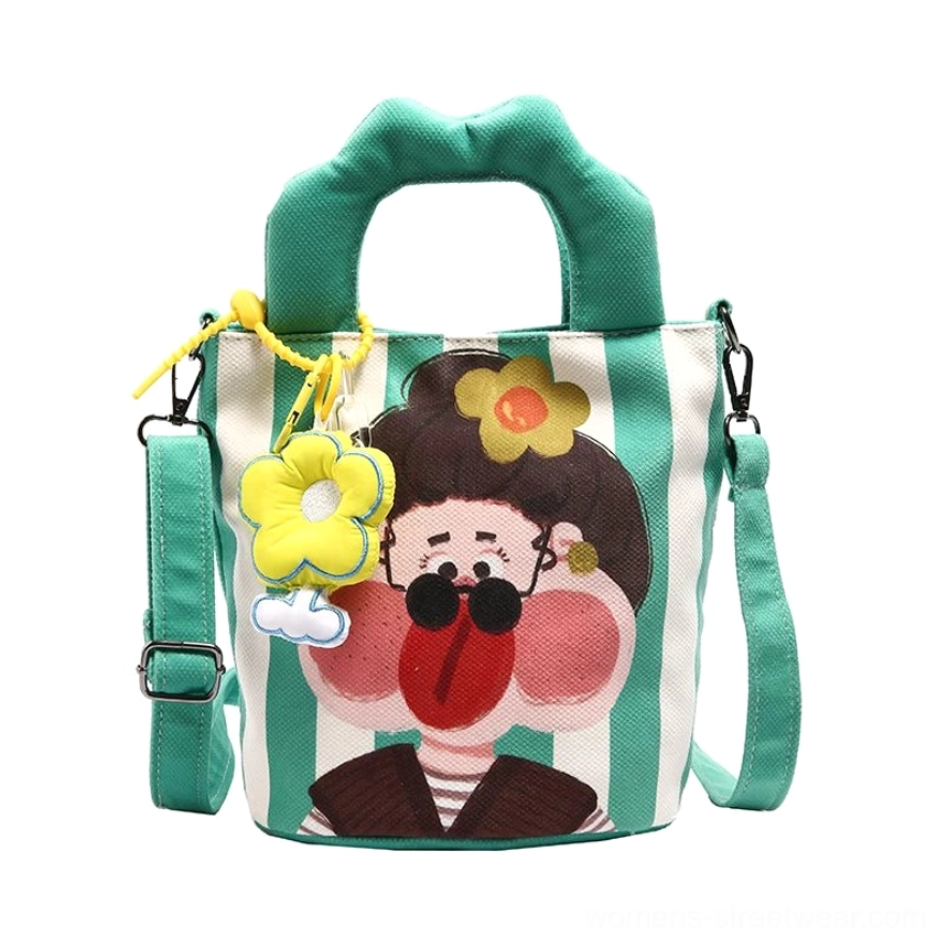Canvas fabric texture and weave detail of cartoon tote showing durable material quality and authentic streetwear aesthetic