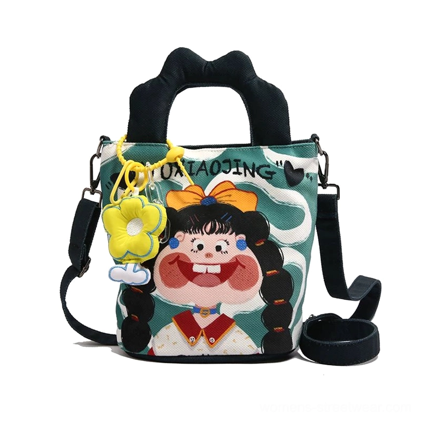 Cartoon tote color palette showcase featuring green blue teal brown pink and orange colorway options for style selection