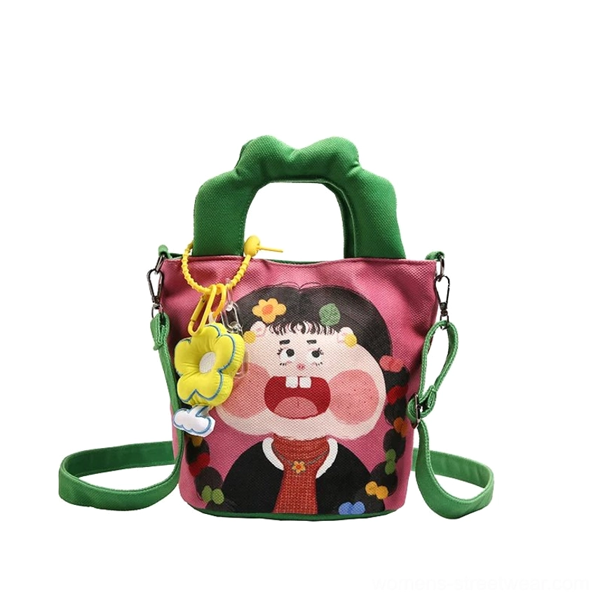 Cartoon canvas tote demonstrating crossbody wearing option with adjustable shoulder strap for hands-free urban carrying