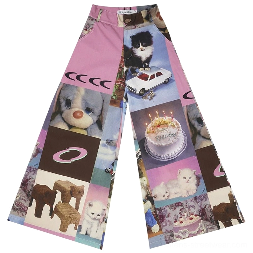 Pink cat birthday cake patchwork high-waist wide-leg streetwear pants product image