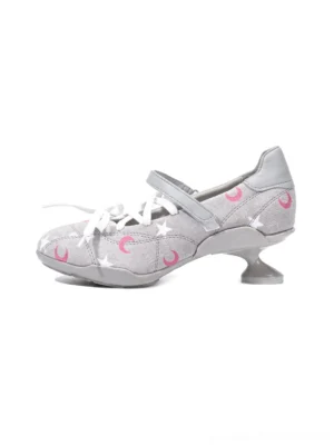 Gray celestial moon and star lace-up low-heel sport Mary Jane shoes side profile view