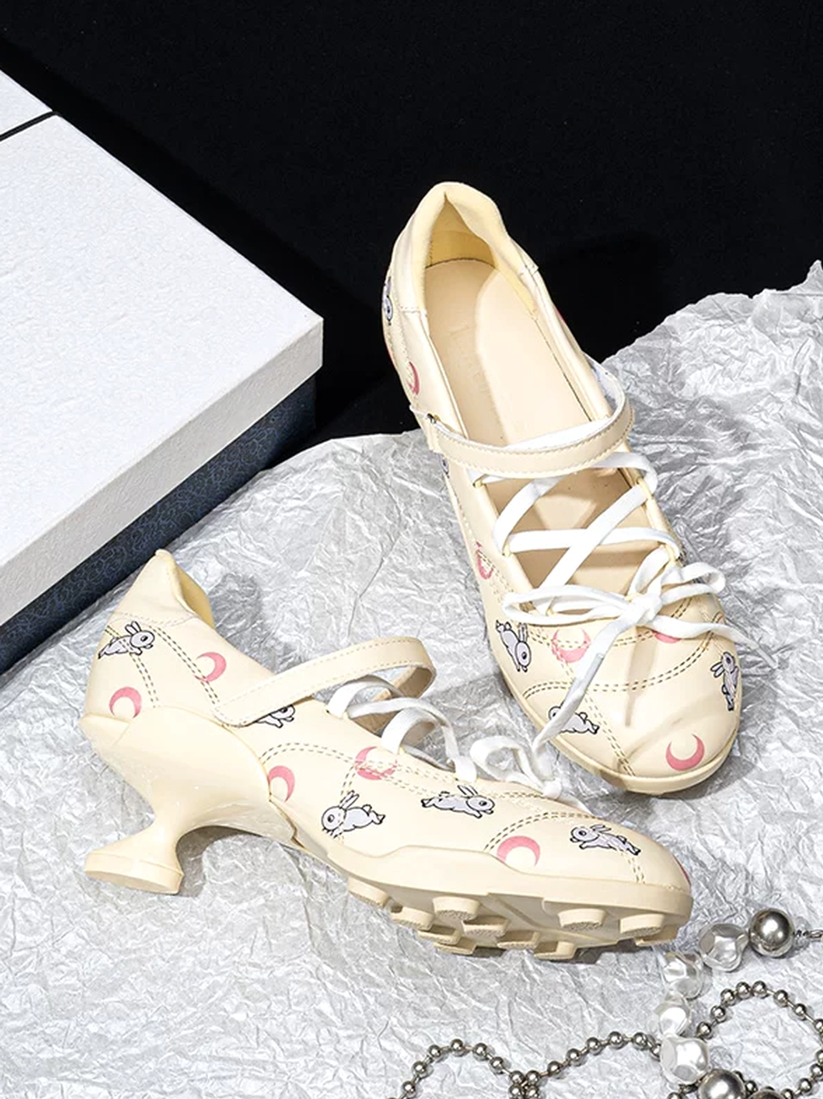 Celestial moon star lace-up low-heel sport Mary Janes rounded toe detail