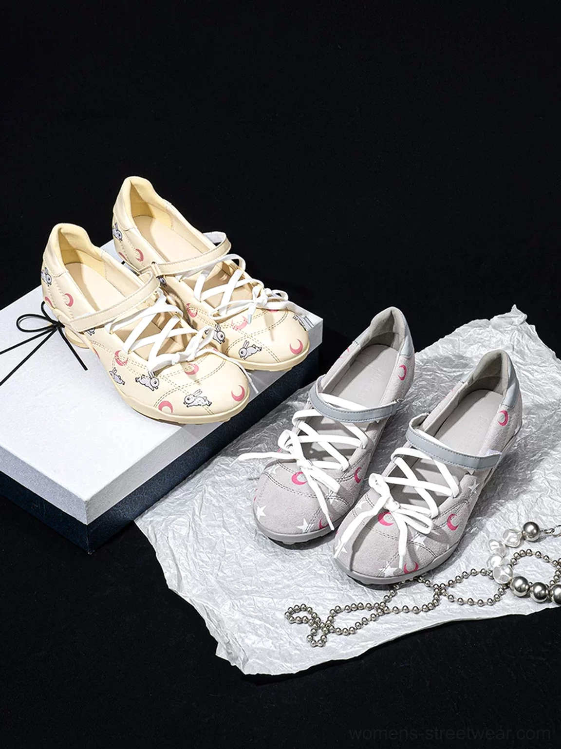 Gray and yellow celestial moon star low-heel sport Mary Jane shoes colorway comparison flat lay