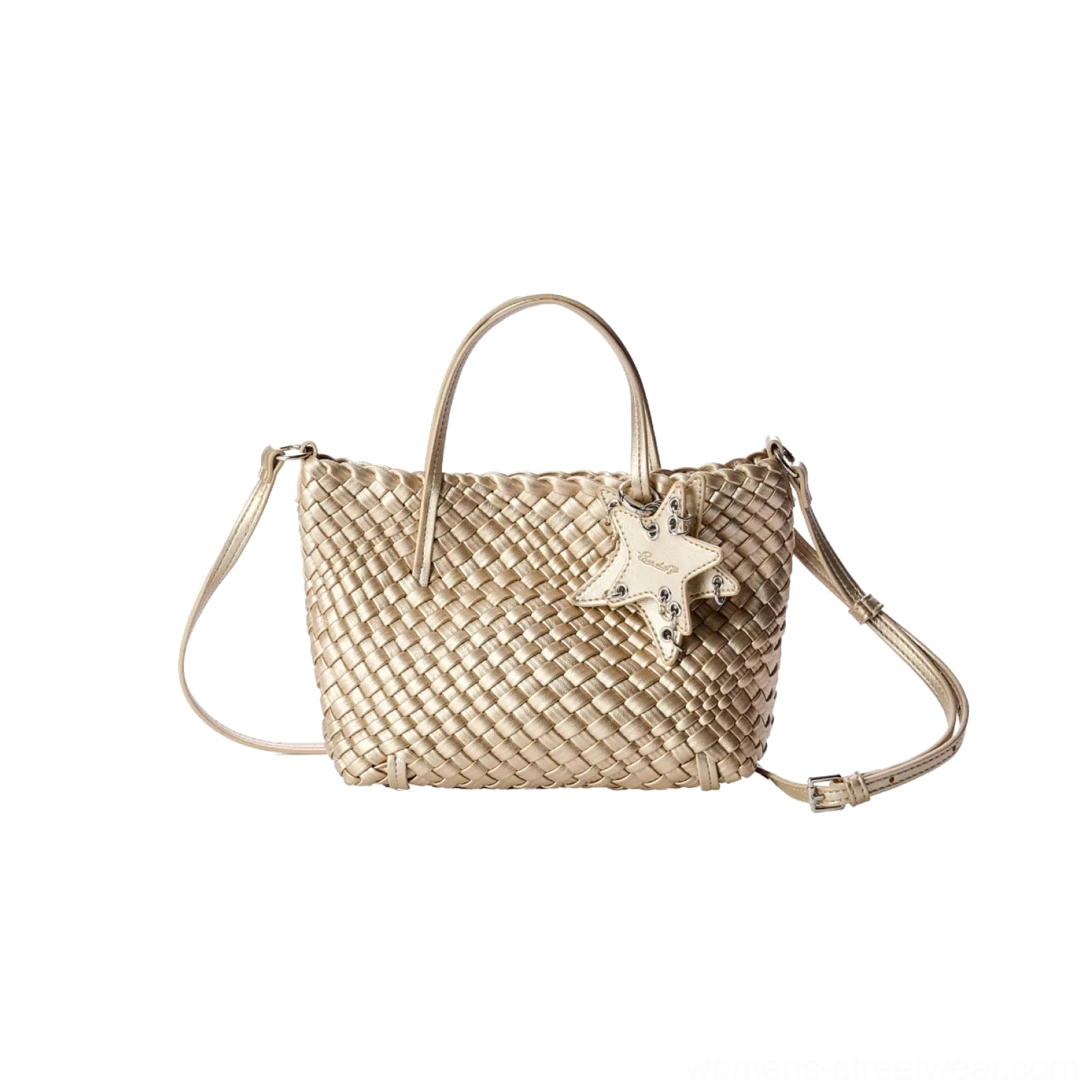 Champagne beige mini woven star charm shoulder bag front view with woven polyurethane texture
