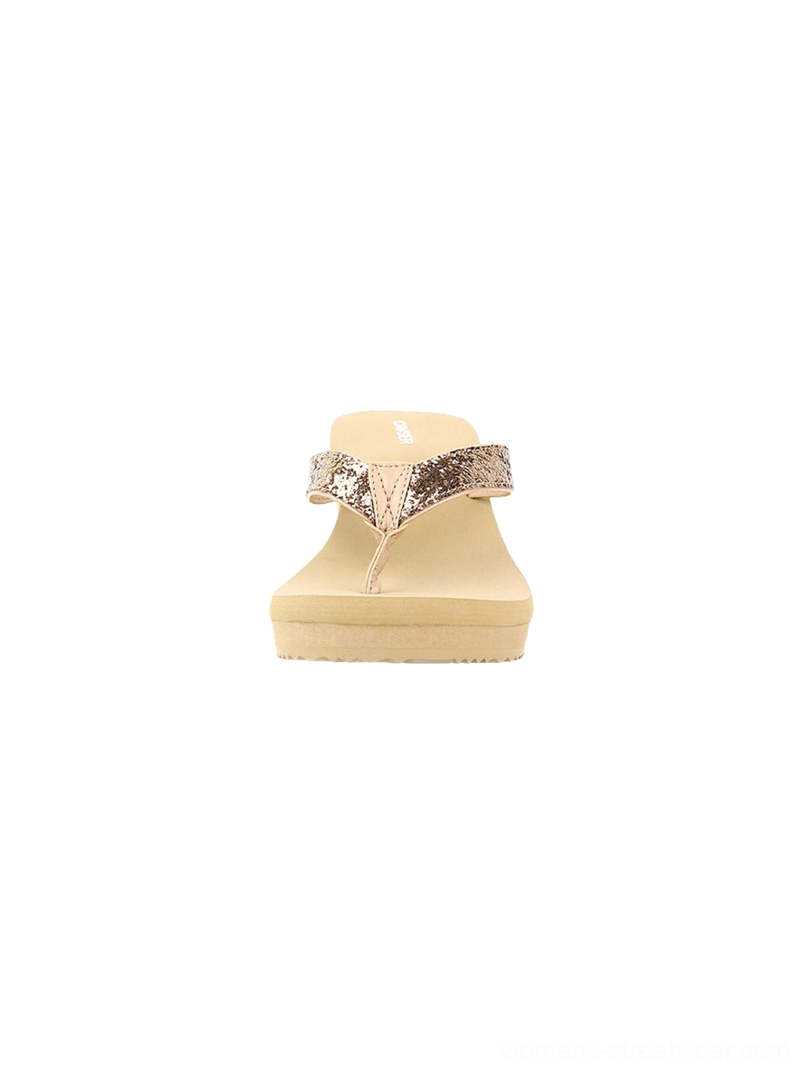 Champagne glitter toe-ring platform wedge flip-flops shown from above with neutral wedge sole