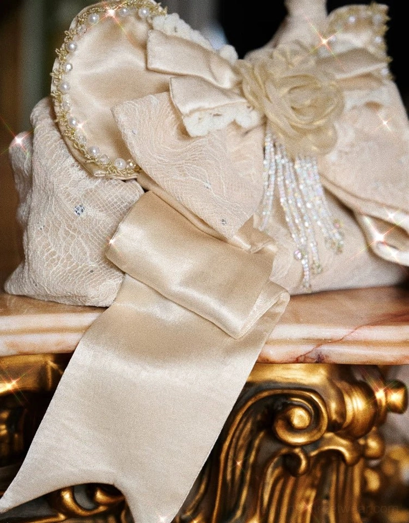 Champagne pearl handle rosette bow mini handbag detailed view with oversized satin bow and lace exterior