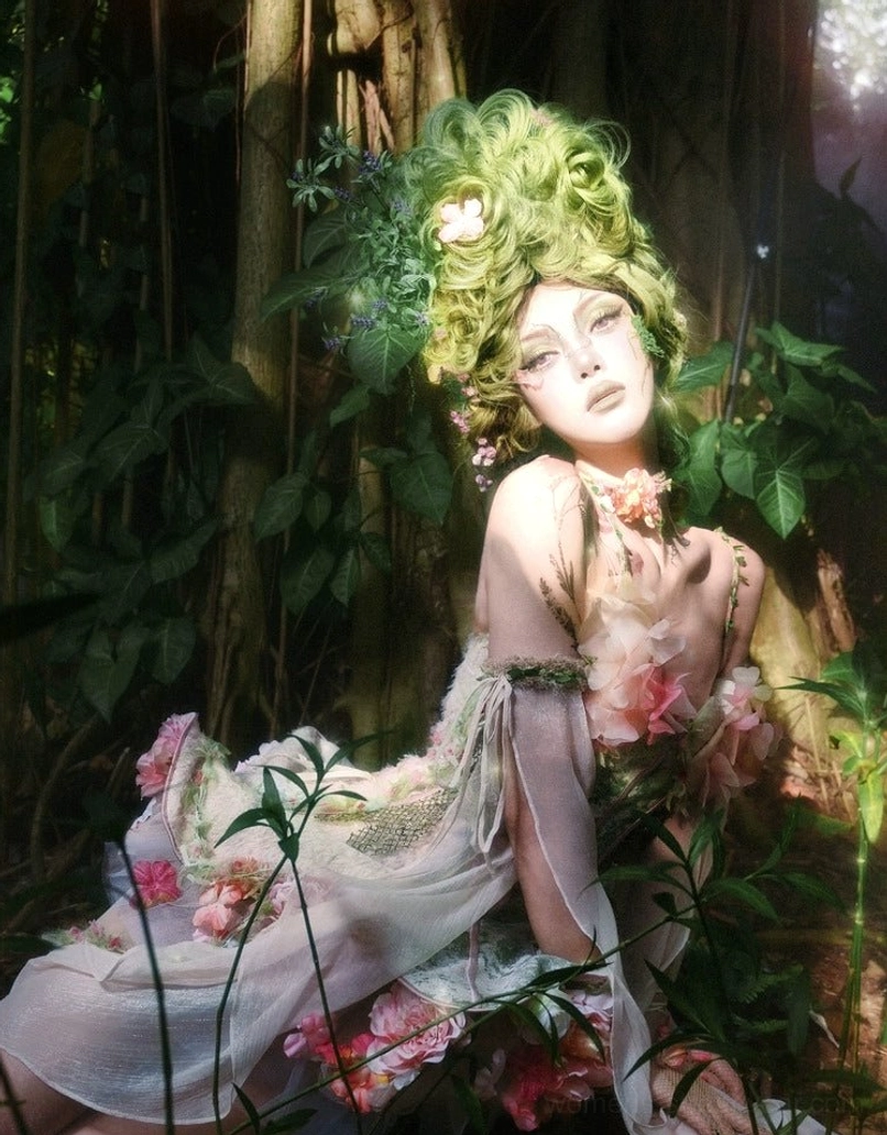 Champagne pink floral tulle petticoat styled for an enchanted forest fairycore fashion editorial with floral accessories